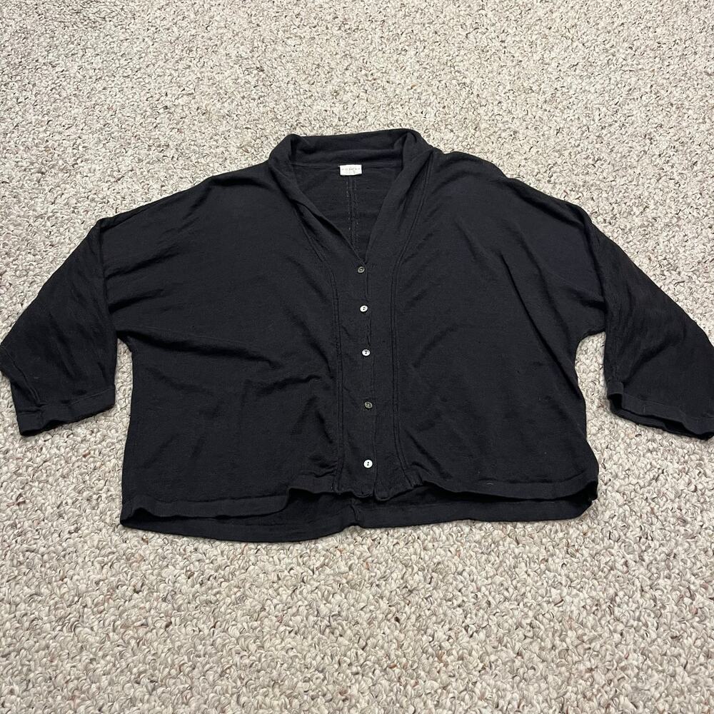Poetry Linen Blend Cropped Button Down Shirt 10 Black Lightweight Coastal Casual
